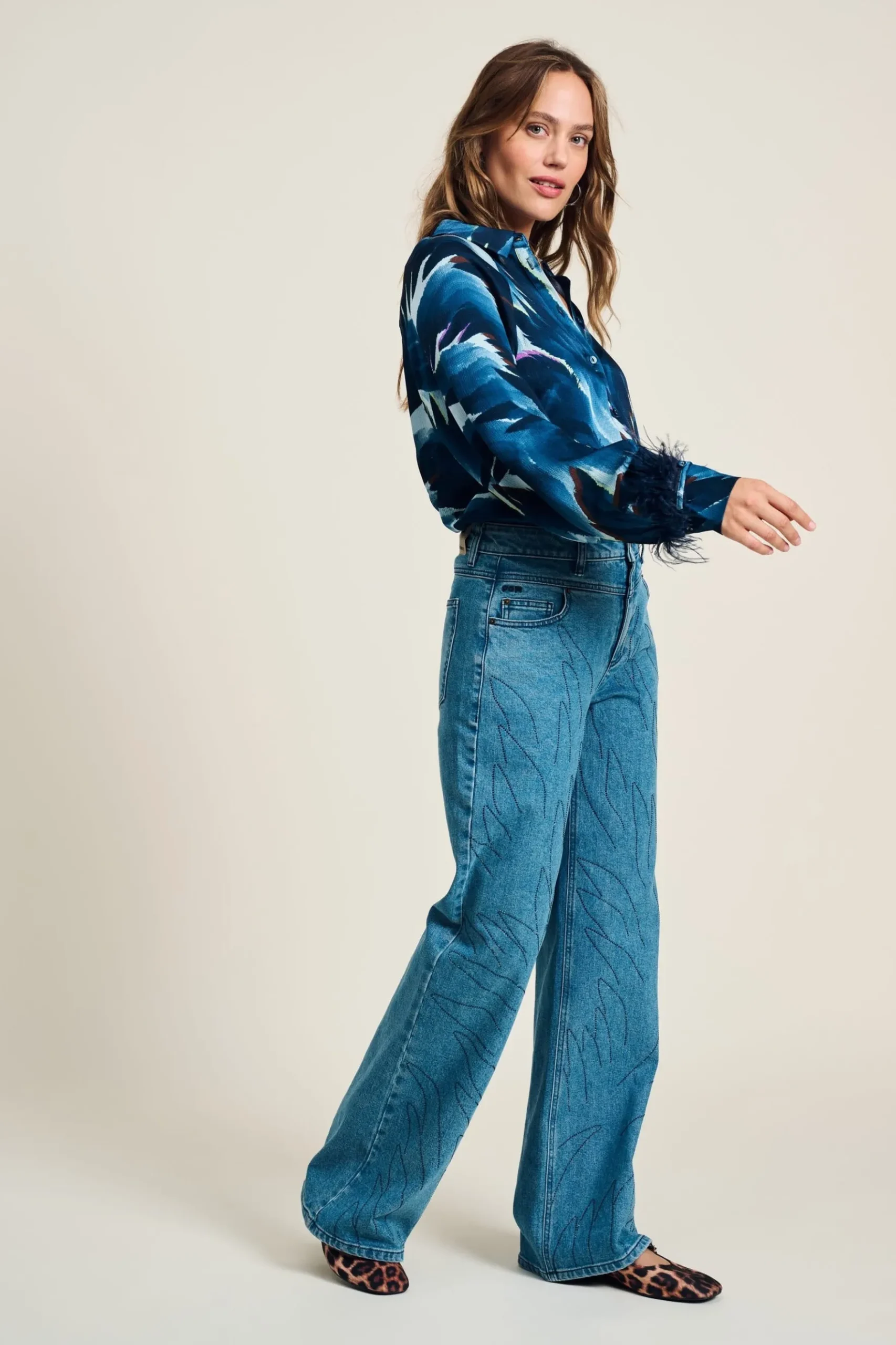 POM Amsterdam JEANS Wide Leg Denim Rhinestones